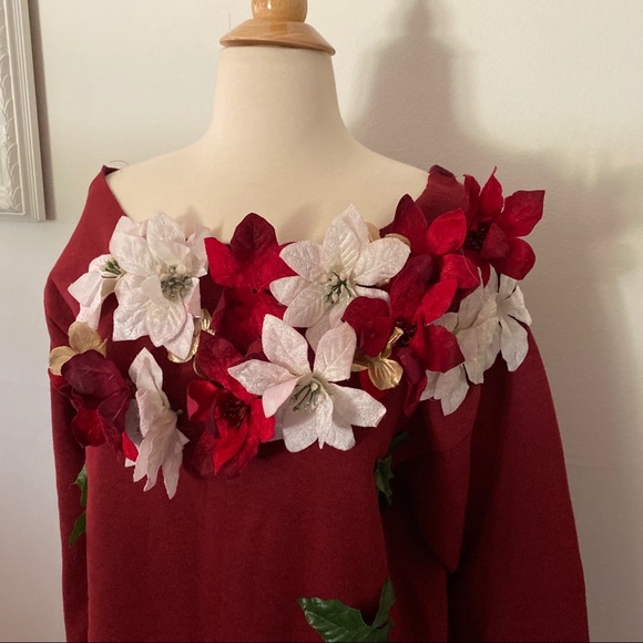 Upcycled Ugly Christmas Sweatshirt Poinsettia Red - Picture 2 of 7